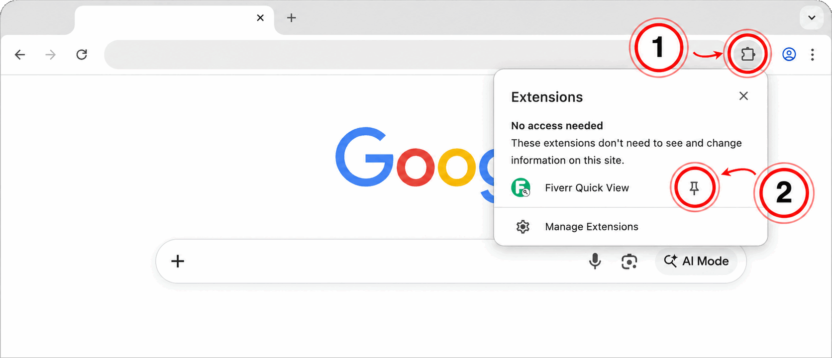 Chrome extensions menu showing Fiverr Quick View and the pin button